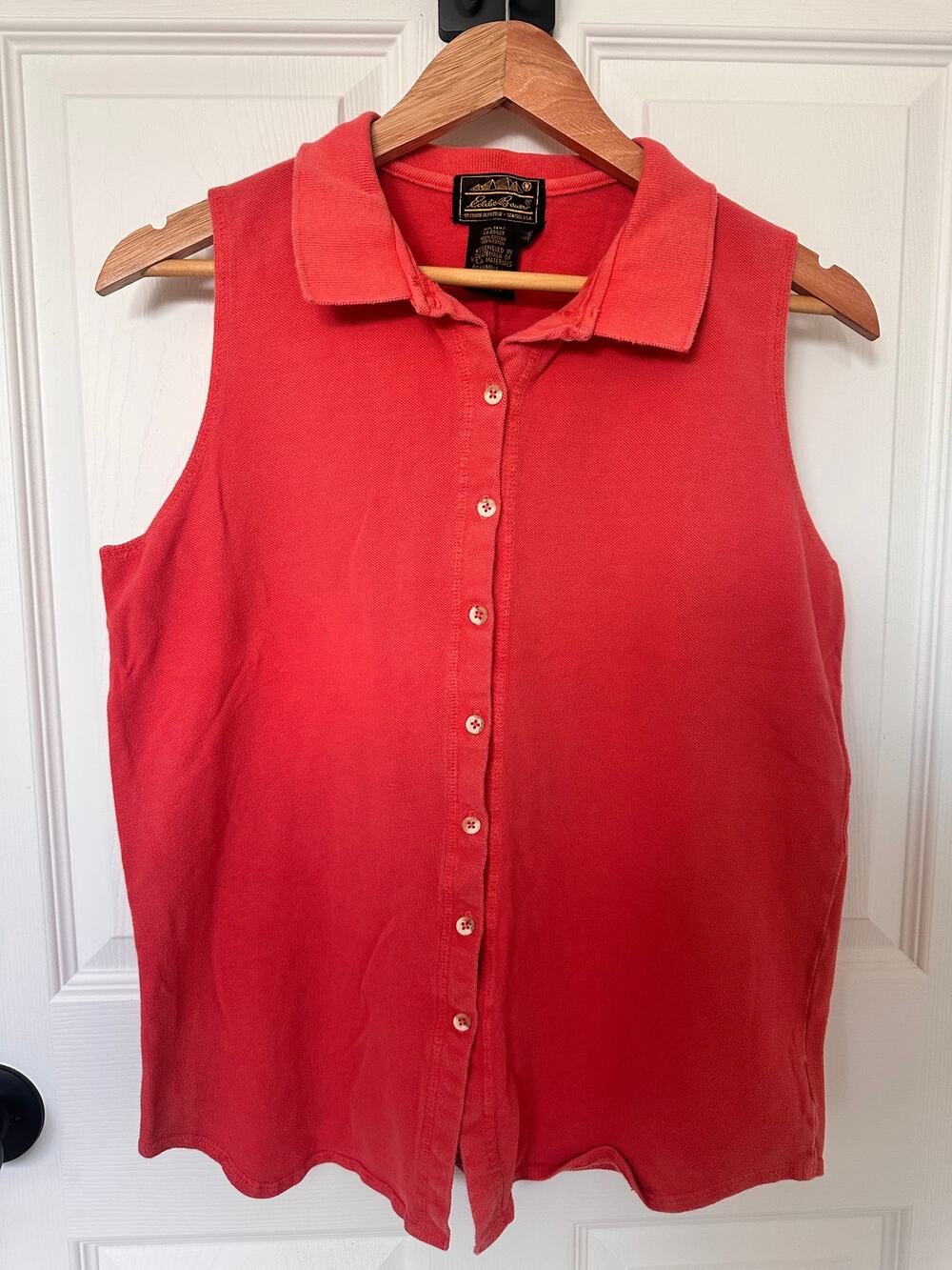 Vintage 90s Eddie Bauer Womens M Coral Sleeveless Polo Button Front Cotton